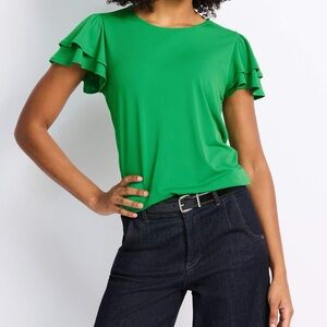 FORTUNE + IVY Taliah‎ Layered Flutter Sleeve Knit Top Green large New with tags